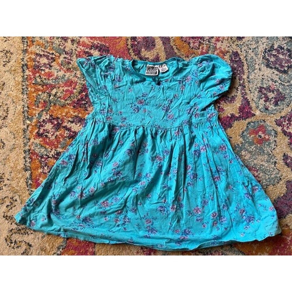 90s Color Circuit Floral Dress Girl Size 6X Teal Cotton Babydoll USA Made